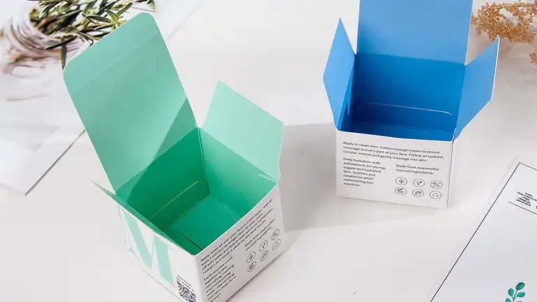 Custom printed packaging boxes, two open colorful carton boxes for products