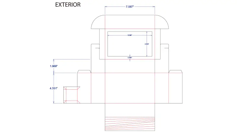 Custom die-cut line design layout for a packaging box, with precise measurements and details.