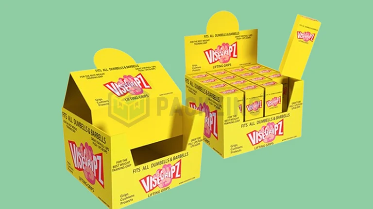 Bright yellow POP display box for fitness products, designed with bold branding and functionality.