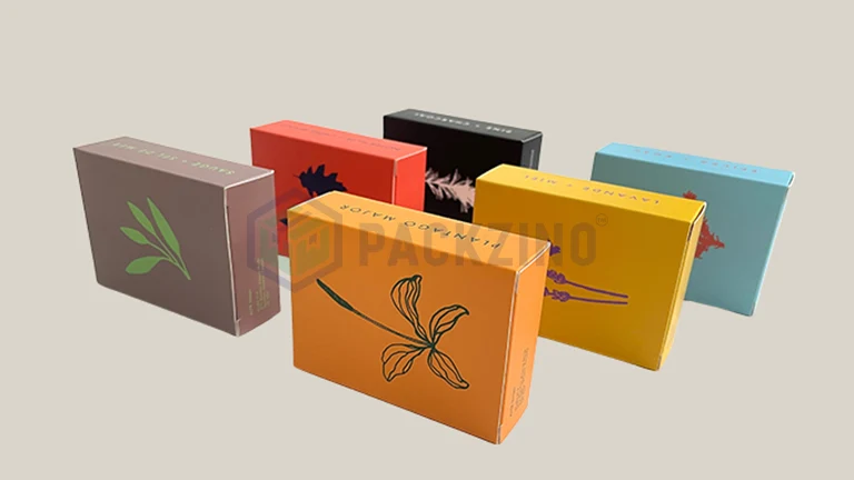 Vibrant straight tuck end boxes in assorted colors, showcasing floral illustrations for stylish presentation.
