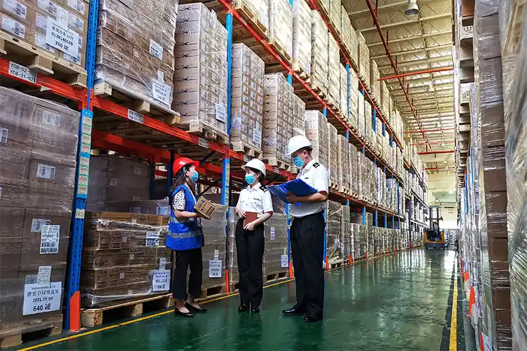Inspectors checking inventory in organized warehouse with stacked pallets