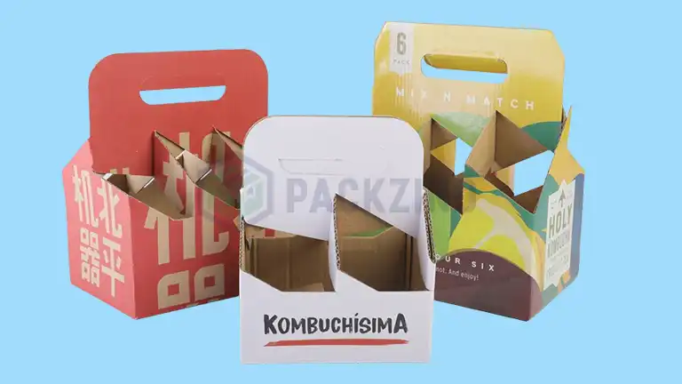 Custom printed corrugated beverage carriers for six-pack bottles with sturdy handles