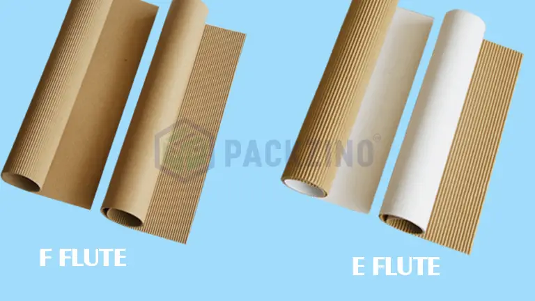 Corrugated material with F and E flute options, brown and white variations shown