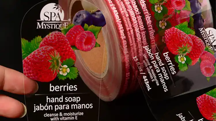 Transparent labels with vibrant berries graphics, ideal for beauty and hygiene products