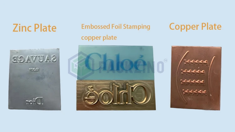 Zinc and copper stamping plates for embossed foil printing on premium packaging.
