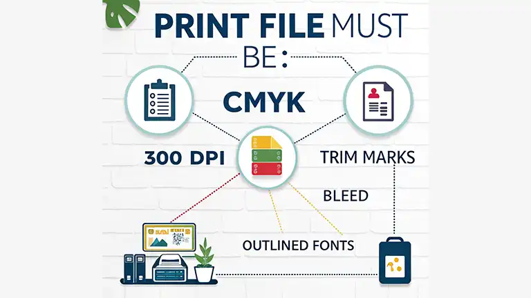 Print file requirements: CMYK, 300 DPI, bleed, trim marks