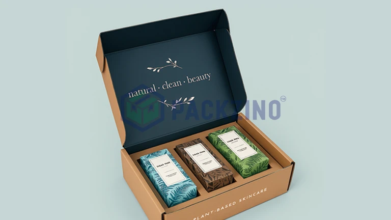 Natural skincare set packaging with tropical-themed box insert