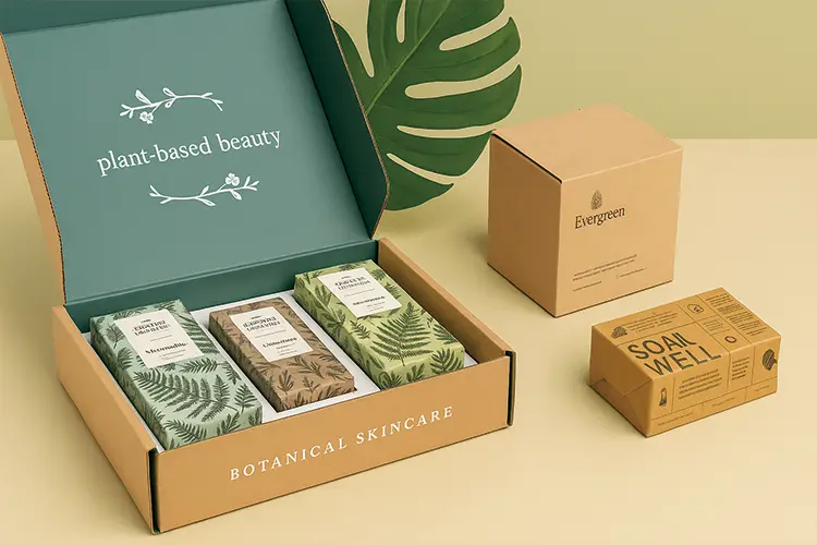Plant-based skincare set in a printed mailer box, perfect for eco-conscious beauty product packaging.