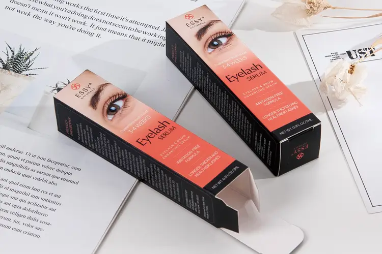 Custom printed eyelash serum packaging box with bold graphics, tailored for beauty and personal care brands.