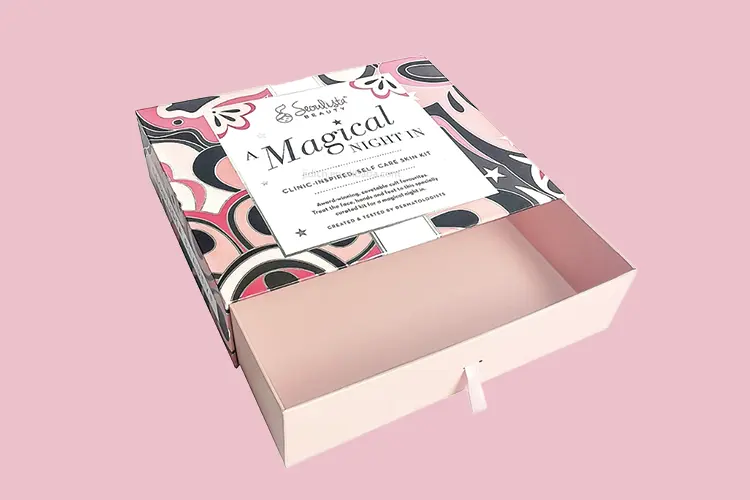 A high-end rigid box with logo in a drawer style, ideal for skincare or beauty gift sets with a custom printed sleeve.
