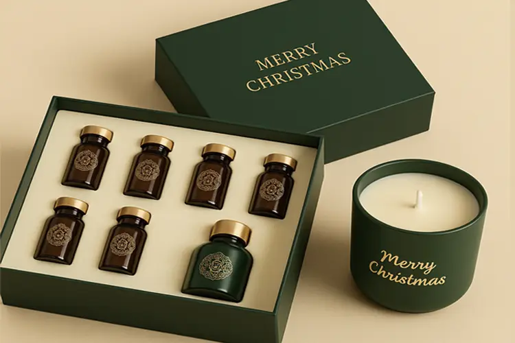Rigid green gift box with gold foil logo for essential oils, ideal for luxury holiday and wellness packaging.