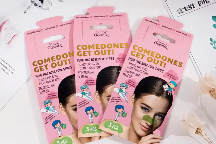 Personalized skincare packaging for nose pore strips, designed with bold colors and playful illustrations.
