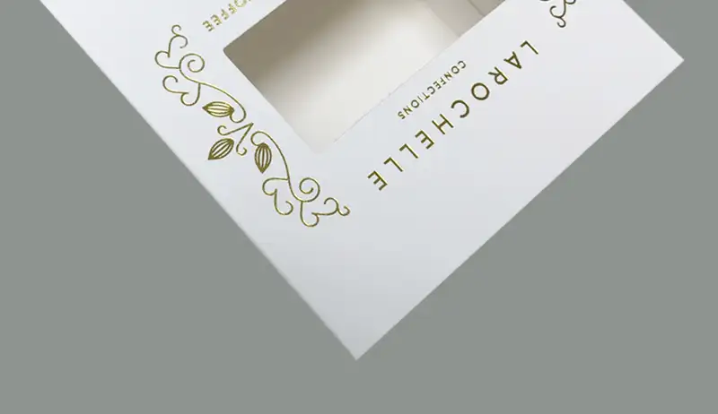 White kraft paper box with clear window and gold printed logo