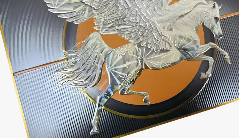 Holographic foil stamping with embossed pegasus design on packaging box