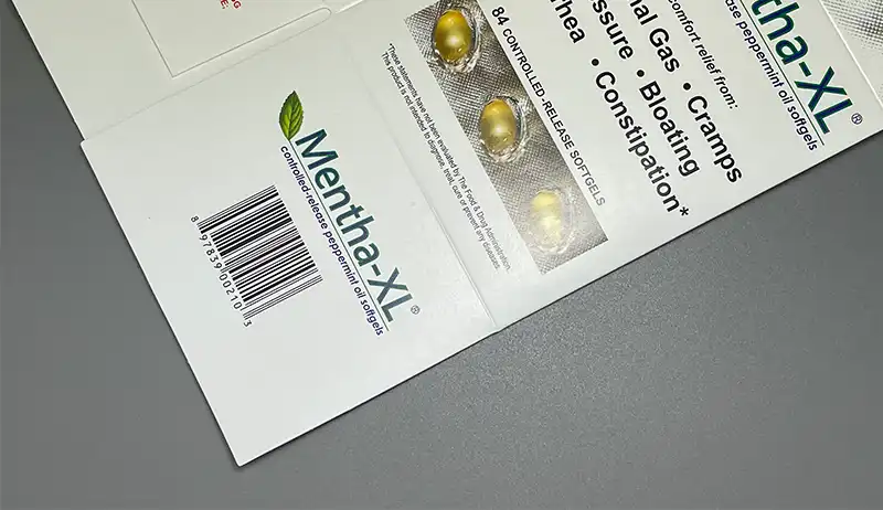 Subtle shine semi-gloss AQ coating on medicine folding carton.