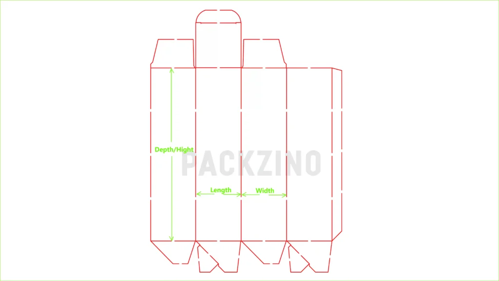 Flat layout of packaging design with dimensions labeled