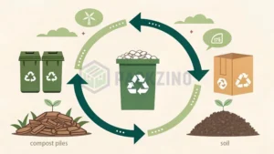 Infographic illustrating the circular economy, showing recycling, composting, and soil rejuvenation processes.