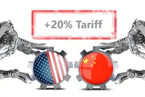 USA-China trade conflict illustration with robots and gears