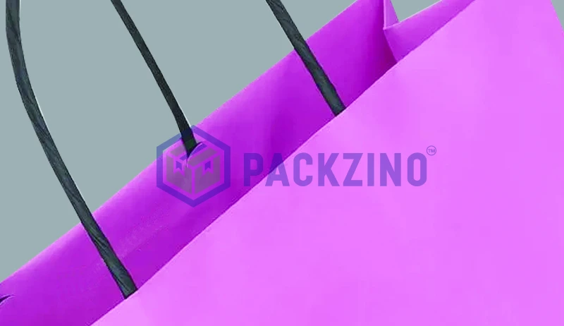 Purple paper bag with black concealed twisted paper handles