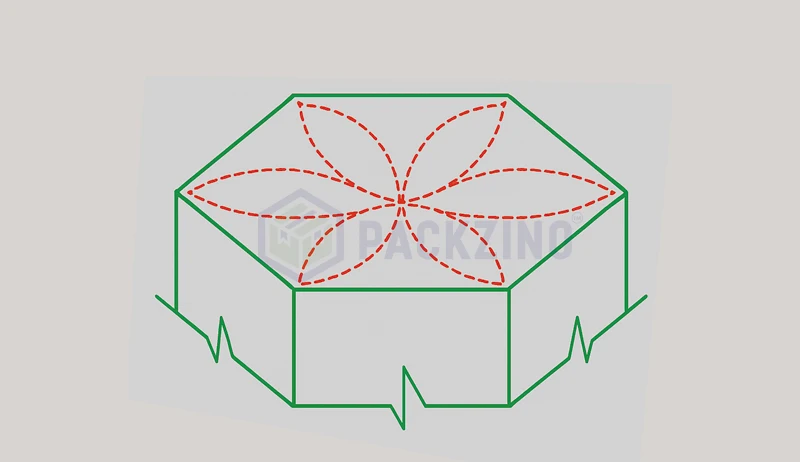 Petal fold top box with floral interlocking closure in hexagonal shape.