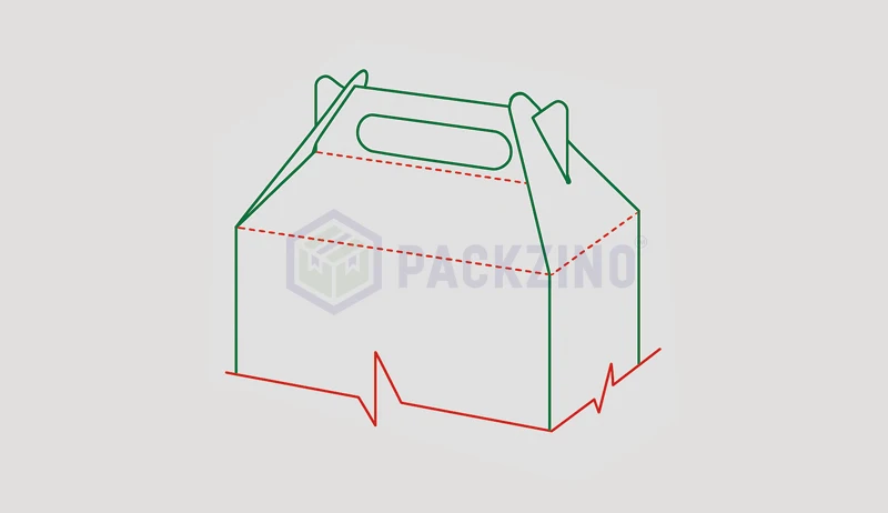 Gable-style paperboard box with built-in handle and auto lock base.
