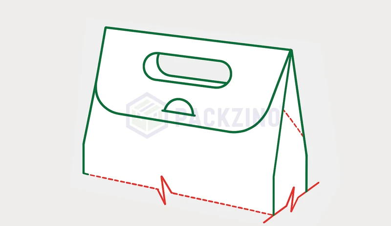 Paperboard box with built-in hand hole and curved closing flap.