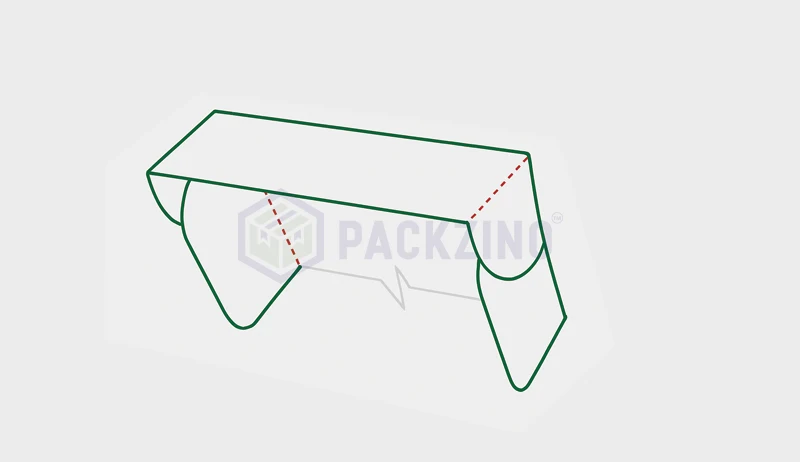 Folding box with tuck-in front flap and curved locking tab.