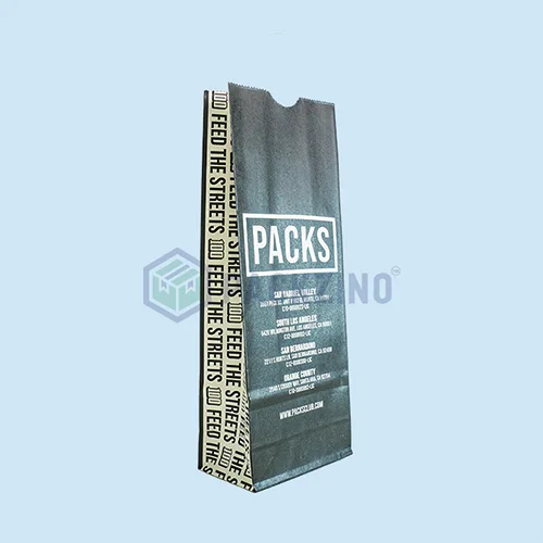 Black gusseted takeout bag with bold branding and custom side print