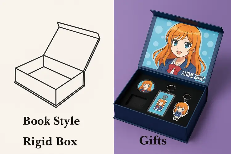 Book style rigid box used for anime merchandise gift set presentation.