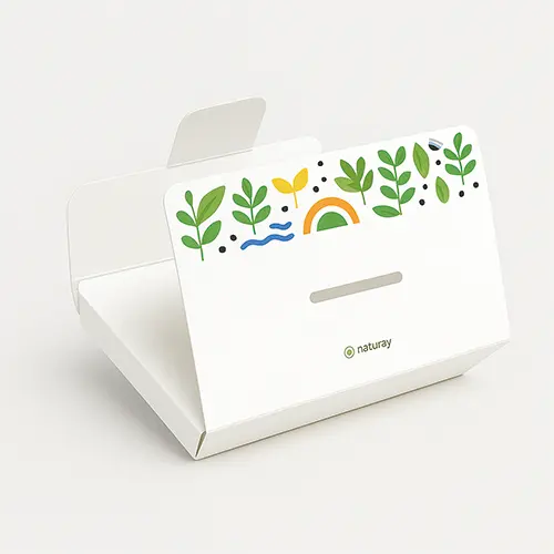 White cardboard gusset folder with eco-themed artwork and tear slot
