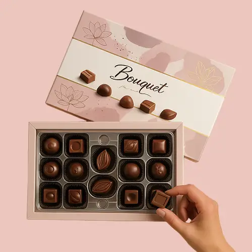 Chocolate gift box with insert tray holding assorted truffle chocolates