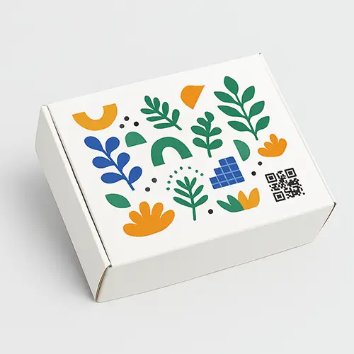 White corrugated mailer box with full top print in abstract green theme