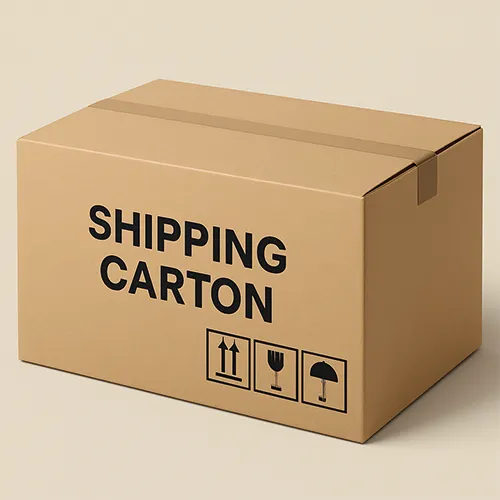 Standard brown corrugated shipping carton with printed handling icons