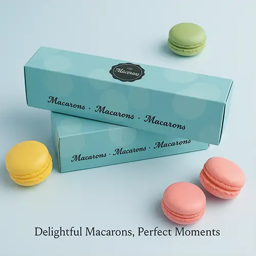 Elegant macaron box with pastel blue finish and clear product branding