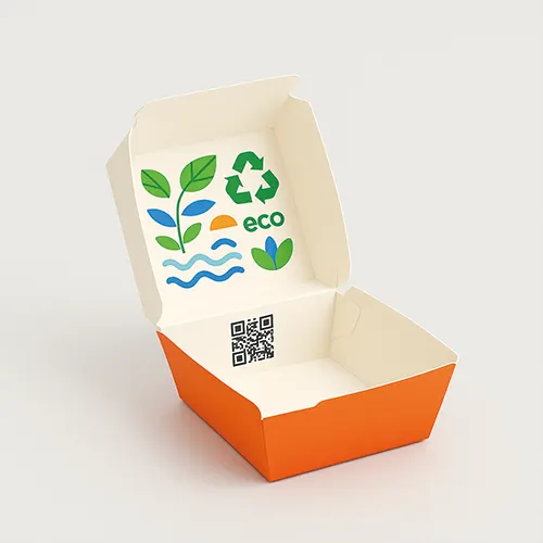 Orange and white eco paper burger box with printed inner lid