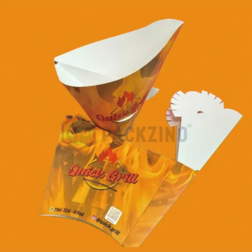 Cone-shaped fried chicken packaging with flame print and foldable top