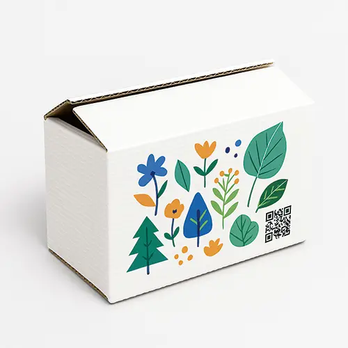 White full slotted corrugated container with floral design and QR code