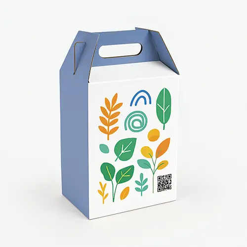 Gable box with handle and colorful leaves pattern on white background