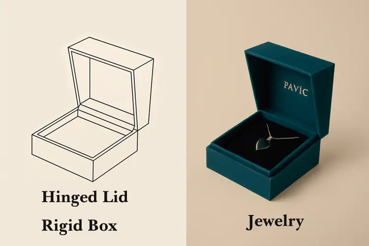 Hinged lid rigid box with velvet insert ideal for necklace or jewelry.