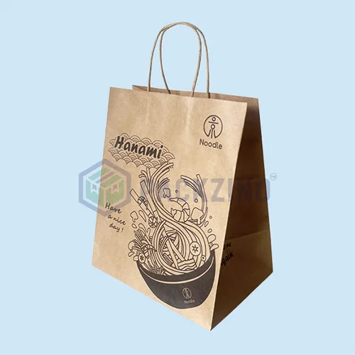 Kraft noodle takeout bag with twisted handles and printed ramen design