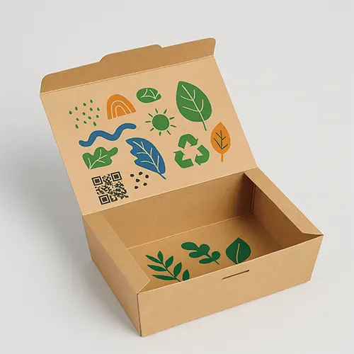 Kraft paper takeout mailer box with inside printing of leaves and icons