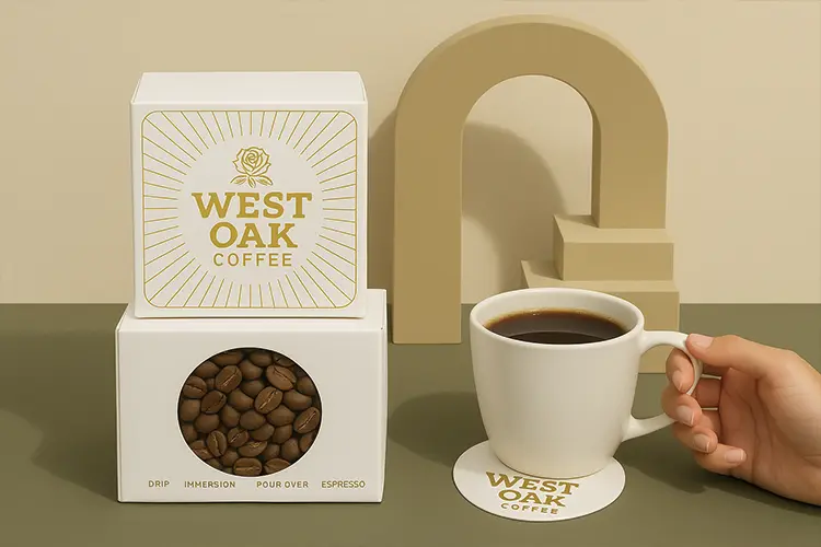 West Oak coffee packaging box with round window and a matching branded coaster