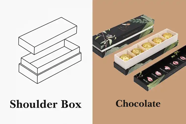 Shoulder rigid box used for premium chocolate packaging with artistic custom-printed sleeve.