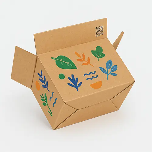 Kraft snap bottom slotted container with colorful leaf graphics