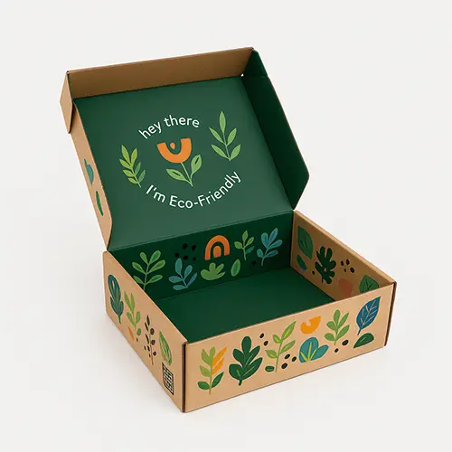 Eco corrugated roll end box with green inside print and tab lock design
