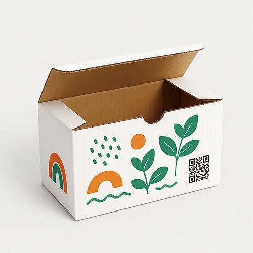 White tuck top auto bottom box with colorful eco-themed illustrations
