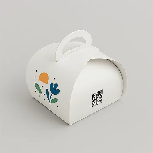 White curved-edge tulip paper box with die-cut handle and printed icons