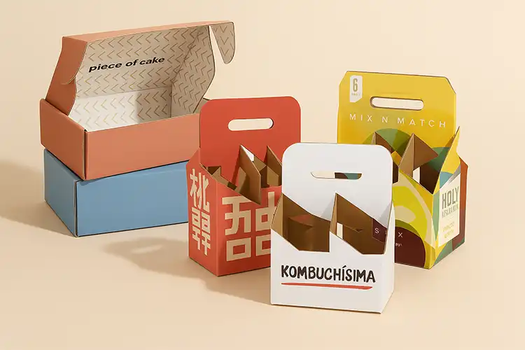 A set of custom corrugated boxes with handle and mailer styles on display
