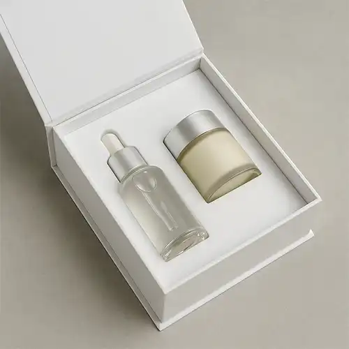 White EVA foam tray custom-fitted to hold serum and cream in a luxury skincare gift box.