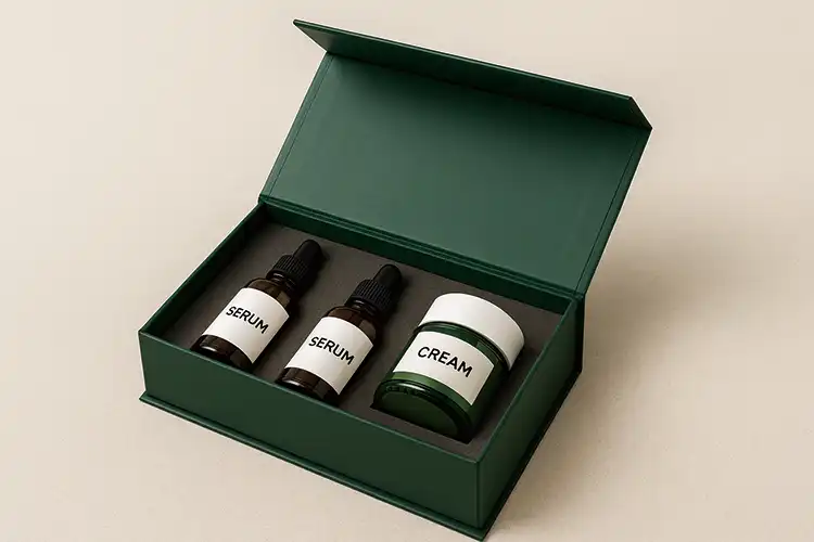 Custom foam insert securely holds serum bottles and cream jar in a green rigid skincare box.